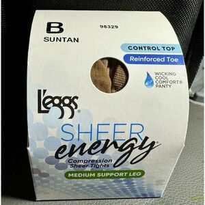 Leggs Sheer Energy Med Support Leg Control Top Compression Sheer Tights B Suntan